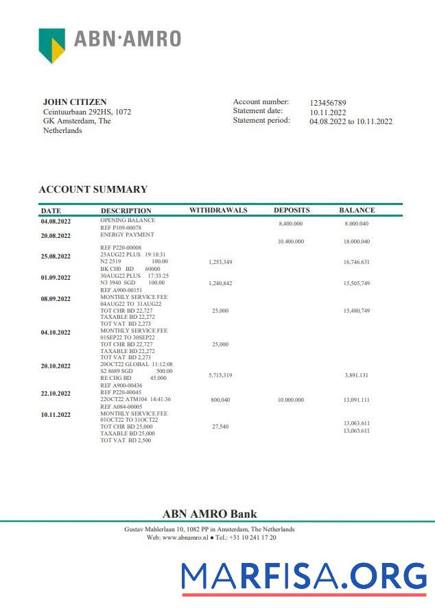 Blank Netherlands ABN AMRO bank statement word download for verification